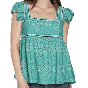 NWT Wrangle Retro Teal Aztec Print Square Neck Top